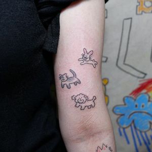 Crayon tattoo by Mello #Mello #Mellowhatever #crayontattoo #childdrawing #childlike #fun #cute #koreanartist #seoultattoo #animal #love #dog #cat #bunny