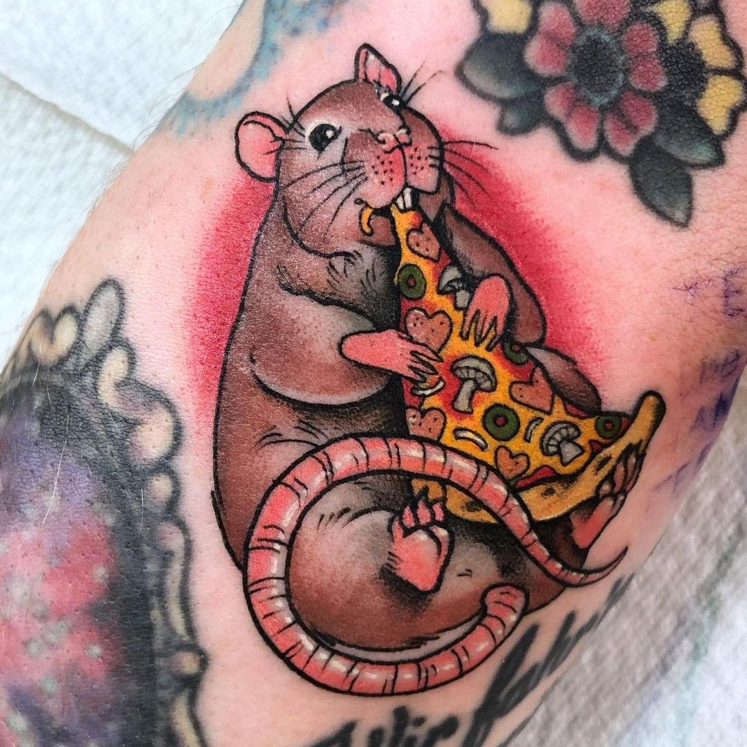 Neotraditional style rat tattoo on the neck