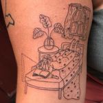 Frances Cannon illustration tattoo on Hannah Baronak tattooed by Ben Phan aka heart fuzz #FrancesCannon #BenPhan #heartfuzz #illustrative #linework #book #bed #plant #vase #room #flashlight #cute #bedroom