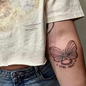 Frances Cannon illustration tattooed on Jolee Harston by mandypantstattoos #FrancesCannon #mandypantstattoos #butterfly #fairy #illustrative #lettering #quote #cute #happy