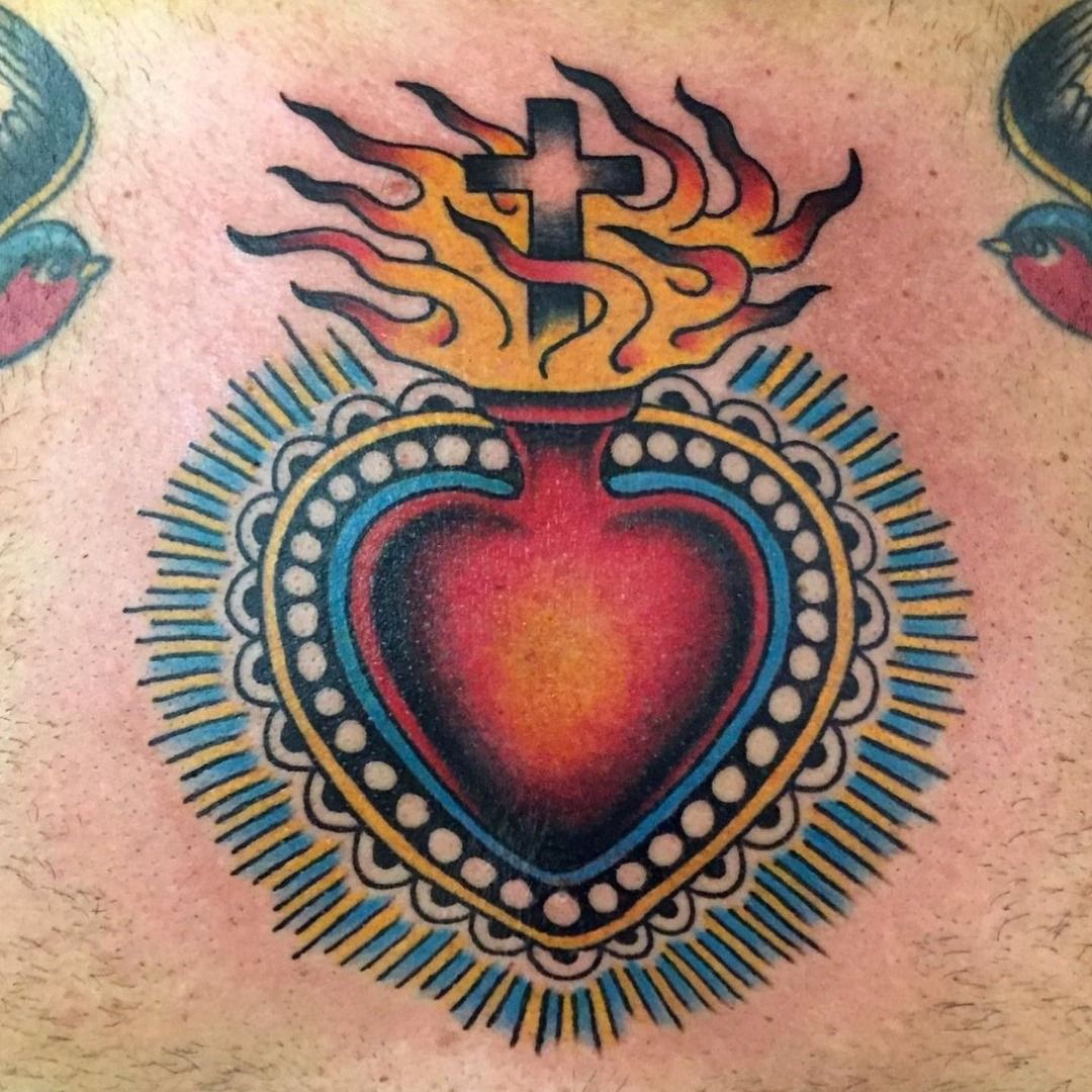 Tattoo uploaded by Tattoodo • sacred heart tattoo by antonio gaballo  #antoniogaballo #sacredheart #fire #cross • Tattoodo