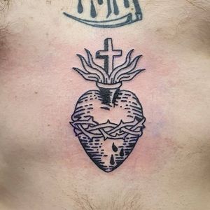 sacred heart tattoo by brady c tattoo #bradyctattoo #sacredheart #etching #cross #fire #thorns