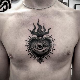 third eye sacred heart tattoo by polo erase #poloerase #thirdeye #sacredheart #fire #chest