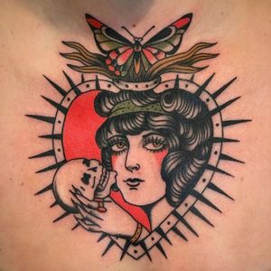 sacred heart tattoo by holly ellis #hollyellis #sacredheart #portrait #ladyhead #scull #butterfly #fire
