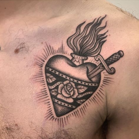 sacred heart tattoo via tattooing room #tattooingroom #sacredheart #rose #dagger #fire