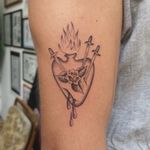 Daggers sacred heart tattoo by JJ Netter #JJNetter #sacredheart #daggers #rose #fire #minimal