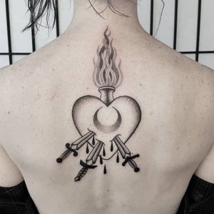 Sacred Heart tattoo by Lydia oh Lydia of Mans Ruin #Lydiaohlydia #mansruin #sacredheart #sword #dagger #fire #moon #heart