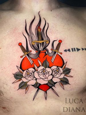 sacred heart tattoo by luca diana #lucadiana #sacredheart #roses #dagger #fire #rtaditional