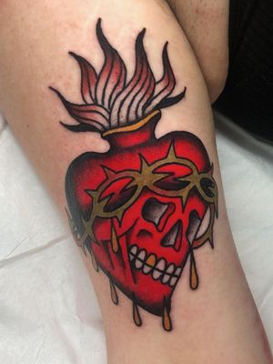 sacred heart tattoo by Chase Tucker #ChaseTucker #sacredheart #skull #thorns #fire