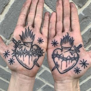 sacred heart palm tattoos by Luke A Ashley #LukeAAshley #palmtattoo #sacredheart #palm #hand #heart #fire #dagger #thorns #barbedwire