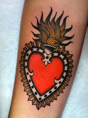 sacred heart tattoo by jonnys hand #johnnyshand #sacredheart #fire #traditional