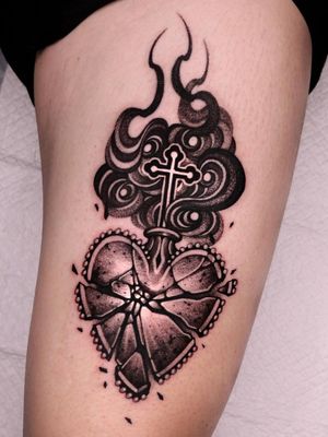 sacred heart tattoo by kimsatgat #kimsatgat #sacredheart #brokenglass #shattered #fire #cross