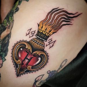 sacred heart tattoo by anholt tattoo #anholttattoo #sacredheart #lettering #gilded #filigree #pearls #fire 
