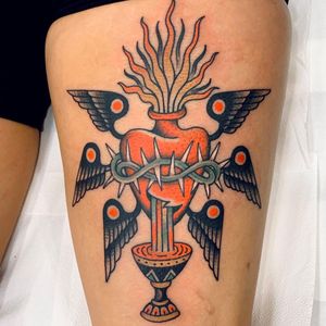 Jesus sacred heart tattoo by Xexu Jerez #XexuJerez #sacredheart #heart #wings #fire #thorns #cup