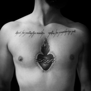 Blackwork sacred heart tattoo by ink_disciple #ink_disciple #sacredheart #thorns #fire #chest