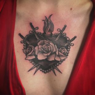 Mary's sacred heart tattoo by Brittany Victoria Boucher #BrittanyVictoriaBoucher #sacredheart #roses #daggers #fire #blackandgrey