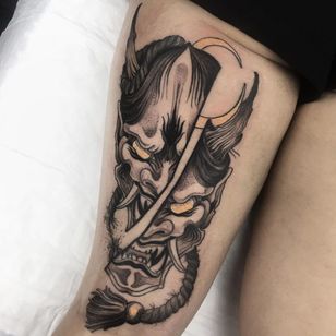 hannya tattoo by black tulip tattoo #blacktuliptattoo #hannya #moon #rope #mask #noh