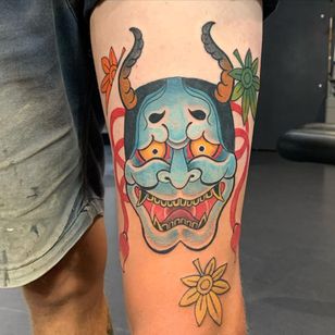 hannya tattoo by kwilltattoo #kwilltattoo #hannya #japannese #mapleleaves #mask #noh