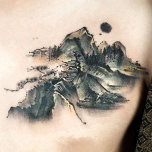 Painterly tattoo by Ati #Ati #tattooistati #koreanart #koreantattoo #koreantattooist #painterly #fineart #landscape #pagoda #mountain #nature 