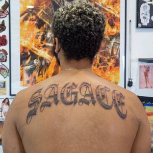Sagace - last name tattoo by Mike End #MikeEnd #lettering #name #backtattoo #letters #font 
