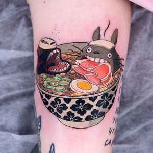 Studio Ghibli tattoo by Oozy #Oozy #studioghibli #anime #manga #noface #totoro #food #ramen #noodles #egg