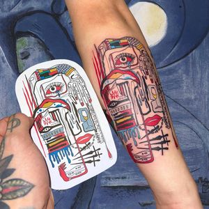 Illustrative tattoo by Vasak #Vasak #illustrative #cubist #fineart #basquiat #eye #sword #lips #hand #glass #drink #alcohol #surreal