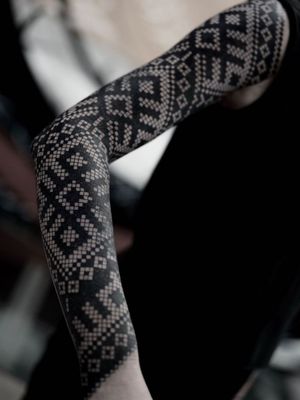 Folk pattern tattoo by Eddie Rise #EddieRise #folkpattern #blackwork #pattern #crossstitch #sleeve