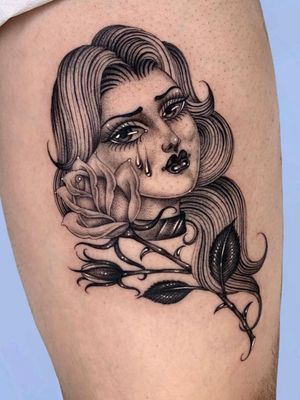 Lady head tattoo by sararosacorazon.art #sararosacorazonart #ladyhead #portrait #chicano #illustrative #rose #tear #lady #babe 