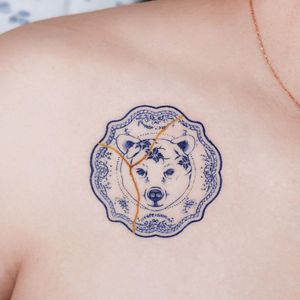 Oriental ceramic tattoo by e.nal #enal #pottery #ceramic #kintsugi #gold #bear #floral 