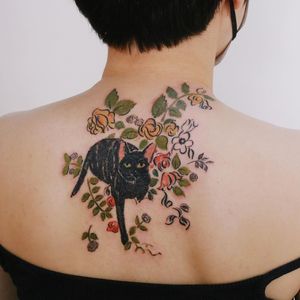 Cat tattoo by Gong Greem #GongGreem #cat #blackcat #flower #floral #crayon #pastel #rose #leaves #plant #nature #animal #back