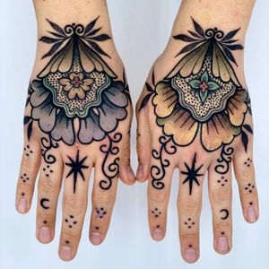 Folk pattern hand tattoos by amare with love #amarewithlove #folkpattern #folkart #star #moon #dots #flowers #floral #hand