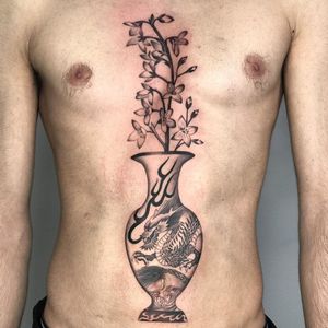 Vase tattoo by tttristesse #tttristesse #vase #dragon #floral #flower #fire #illustrative #japaneseinspired #stomach #chest