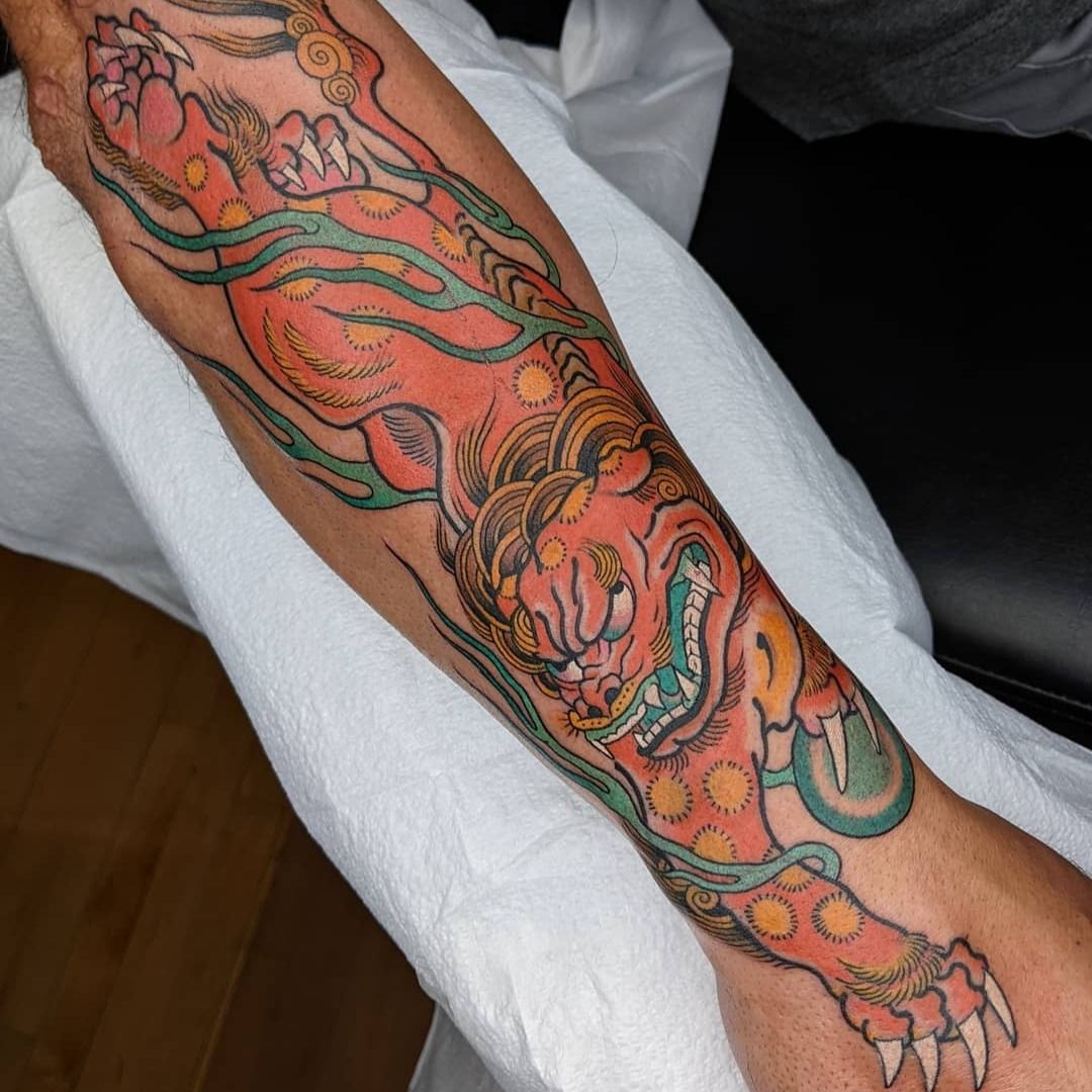 Tattoo uploaded by Shane Dempsey • Okinawan Shisa Dog on my right calf.  Lineart was originally designed by a friend and had tattooed on in San  Angelo, TX. Later colored in and