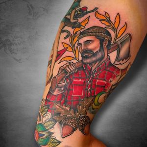 Lumberjack tattoo by Takitattoos #takitattoos #lumberjacktattoo #lumberjack #nature #hatchet #trees #forestry #portrait
