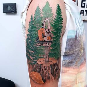 Lumberjack tattoo by nuovaeratattoo #nuovaeratattoo #lumberjacktattoo #lumberjack #nature #chainsaw #trees #realism #color