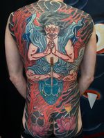 Japanese tattoo by Gandhi aka Guillaume de la Torre #Gandhi #GuillaumedelaTorre #japanese #lotus #fire #serpent #sword #backpiece #kuniyoshi #kidomaru #backpiece #irezumi