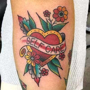 Self love tattoo by nathanmurphytattoo #nathanmurphytattoo #selflove #love #selfcare #heart #flower #banner #traditional