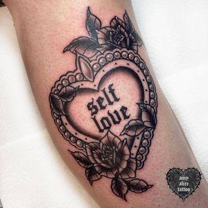Self love tattoo by amyalicetattoo #amyalicetattoo #selflove #love #selfcare #heart #flower #rose #pearls #lettering #illustrative #neotraditional 