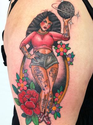 Self love tattoo by Guen Douglas #guendouglas #selflove #love #selfcare #babe #discoball #tattoos #flower #rose #strongwoman #portrait #pinup #neotraditional