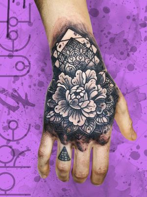 Geometric tattoo by Alex Prequel #AlexPrequel #watercolor #abstract #illustrative #blackandgrey #geometric #sacredgeometry #peony #flower #shapes #lines #handtattoo