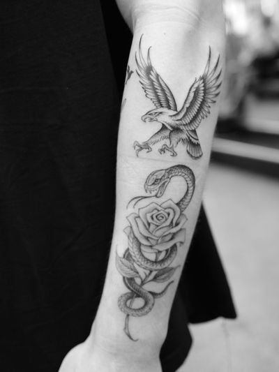 Tattoo by Jordan Baxter #JordanBaxter #illustrative #traditional #oldschool #blackandgrey #eagle #snake #rose