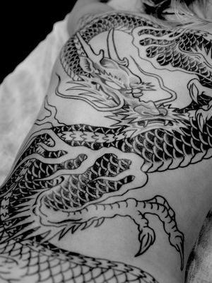 Tattoo by Jordan Baxter #JordanBaxter #illustrative #traditional #oldschool #blackandgrey #dragon #fire #japanese