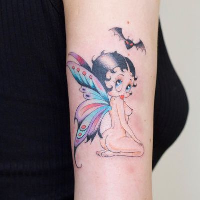 Tattoo by Jordan Baxter #JordanBaxter #illustrative #traditional #oldschool #blackandgrey #bettyboop #butterfly #bat #color #wings #fairy