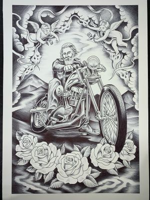 Illustration by Jordan Baxter #JordanBaxter #illustrative #traditional #oldschool #blackandgrey #motorcycle #rose #cherub #angel #biker