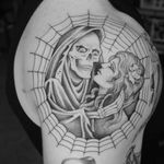 Tattoo by Jordan Baxter #JordanBaxter #illustrative #traditional #oldschool #blackandgrey #reaper #ladyhead #lady #portrait #skeleton #rose #spiderweb