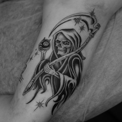 Tattoo by Jordan Baxter #JordanBaxter #illustrative #traditional #oldschool #blackandgrey #reaper #scythe #eightball #skeleton #skull 