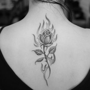 Tattoo by Jordan Baxter #JordanBaxter #illustrative #traditional #oldschool #blackandgrey #rose #fire #flames