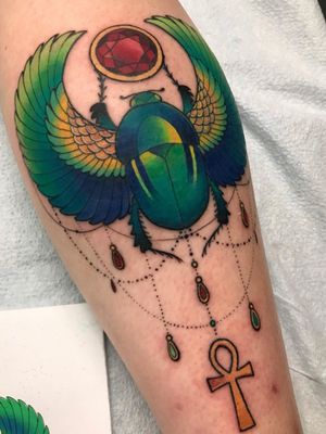 Scarab tattoo by Rustie WIlson #RustieWilson #scarab #ankh #jewels #ornamental #Egyptiantattoos #egyptian #egypt #ancient #esoteric #history 