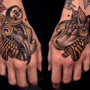 Egyptian tattoos by Hannah Fowler #HannahFowler #deity #egyptiangod #thoth #anubis #dog #bird #neotraditional #handtattoo #Egyptiantattoos #egyptian #egypt #ancient #esoteric #history 