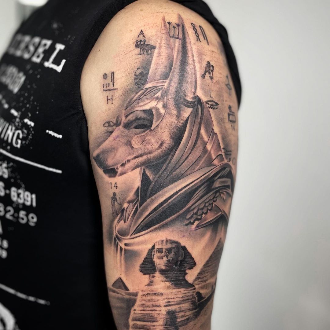 181 Tattooz Studio  This complete forearm tattoo is of Egyptian God Horus  and Anubis  along with Roman letters Visit www181tattoozcom for more  work  egyptiantattoo egypt egyptian horus horustattoo anubis 